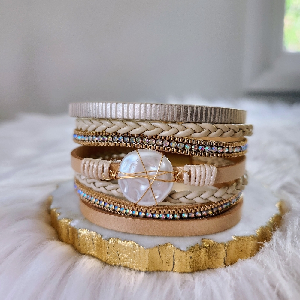 New Ryze Women's Vegan Leather Wrap with Faux Pearl Bracelet